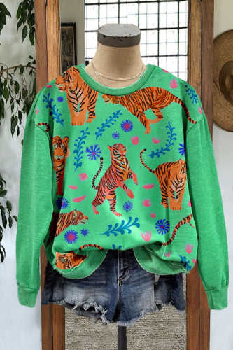 Casual Tiger Print Color Contrast Long Sleeved Sweatshirt