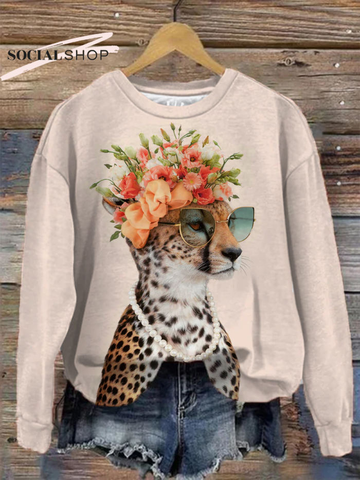 Lady Leopard with Charismatic Glasses and a Floral Crown: Women's Casual Top