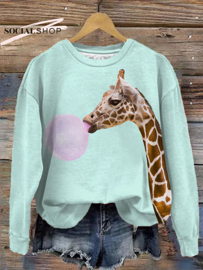 Giraffe Blowing Chewing Gum Bubbles Long Sleeve Round Neck Top