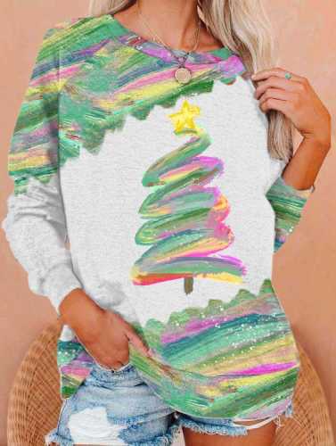 Women's Oil Painting   Christmas TreePrint Sweatshirt