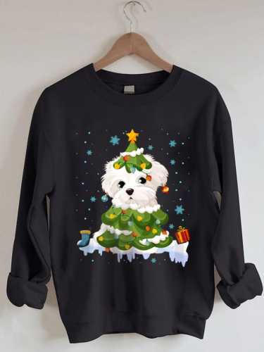 Women's Cute Santa Shih Tzu   Tree Print Casual Sweatshirt