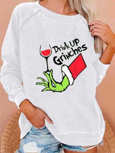 Women's Grinch Drink UP Print Casual Crewneck Sweatshirt