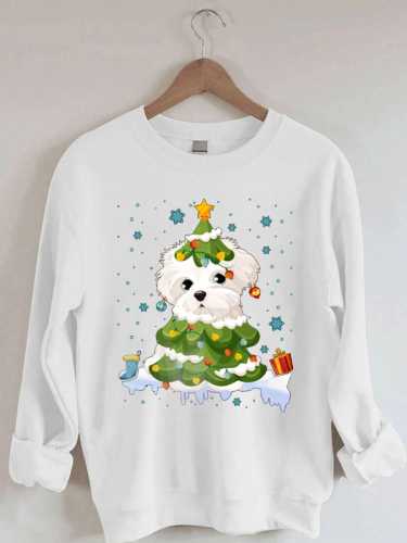 Women's Cute Santa Shih Tzu   Tree Print Casual Sweatshirt