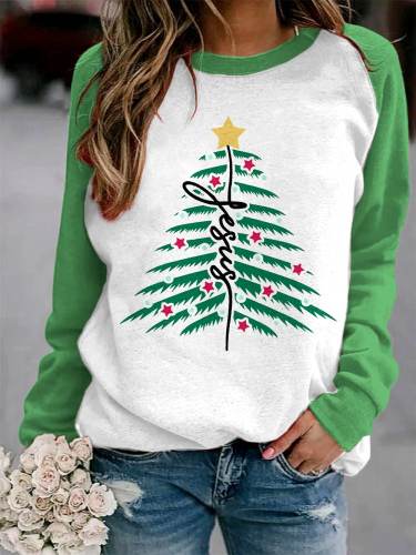 Women's   Christmas TreeJesus Faith Print Sweatshirt