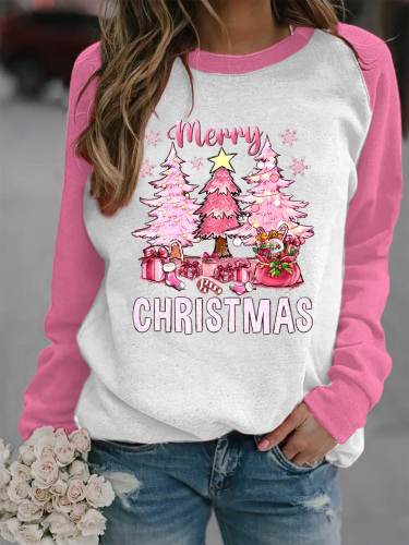 Women's Pink Christmas Christmas TreeMerry Christmas Christmas Fun Print Long Sleeve Top