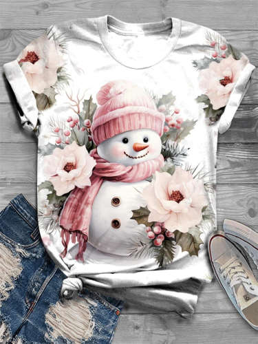 Pink Floral Snowman Print Crew Neck T-Shirt