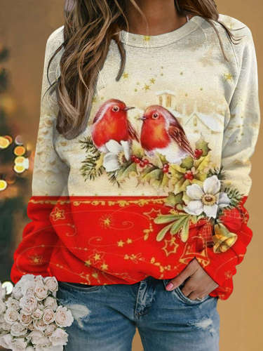 Holly Leaves Birds Long Sleeve Casual Top