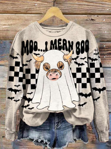 I Mean Boo Ghost Cow Print Crew Neck Top