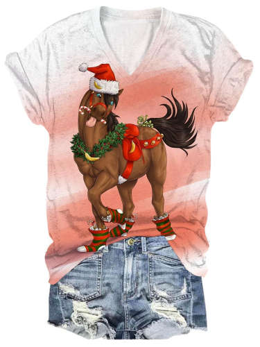 Christmas Horse Print V-Neck T-Shirt