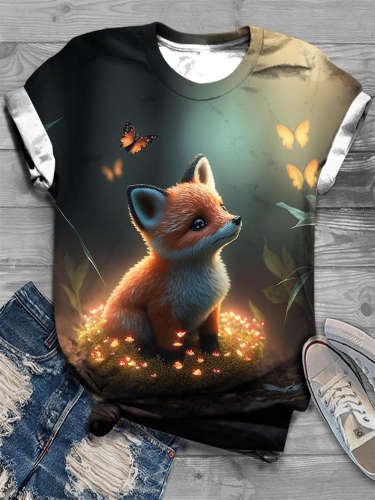 Baby Fox Print Crew Neck T-Shirt