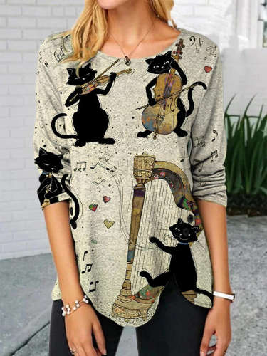 Musical Instrument Cat Long Sleeve Round Neck Top