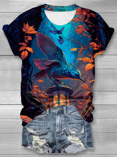 Hummingbird Fall Lantern Print Casual T-shirt