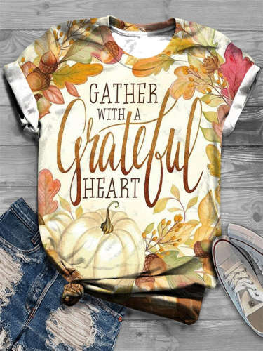Gather With A Grateful Heart Print Crew Neck T-Shirt
