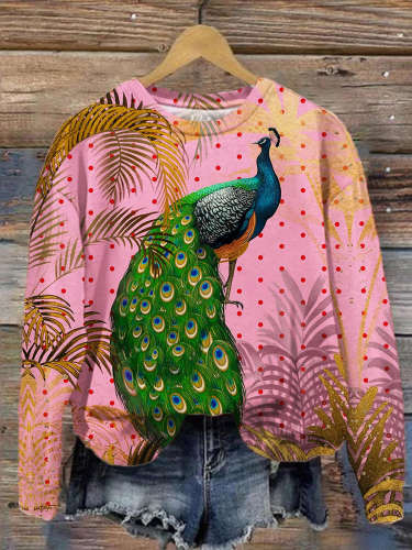 Women's Peacock Print Round Neck Long Sleeve Top