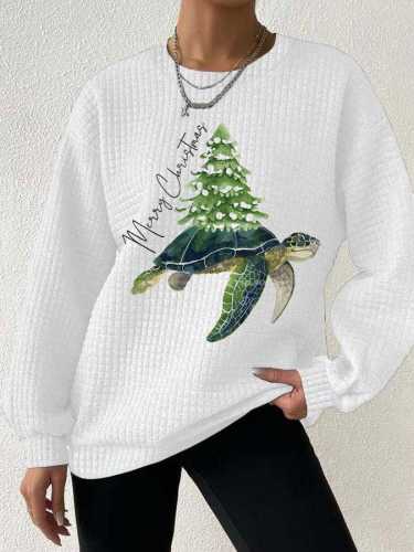 Women's Merry Christmas Turtle Christmas Tree Waffle Sweatshirt