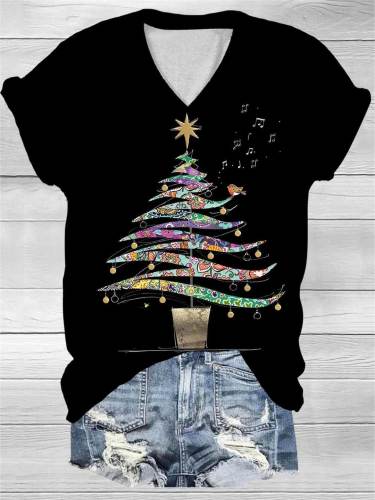 Women'S Vintage Christmas Tree Print V-Neck T-Shirt
