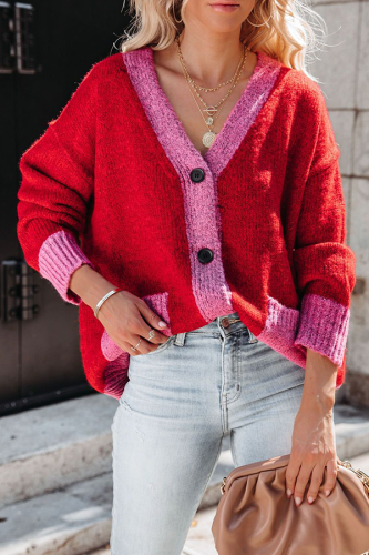 Casual Elegant Patchwork Pocket Buckle Contrast V Neck Outerwear Sweater