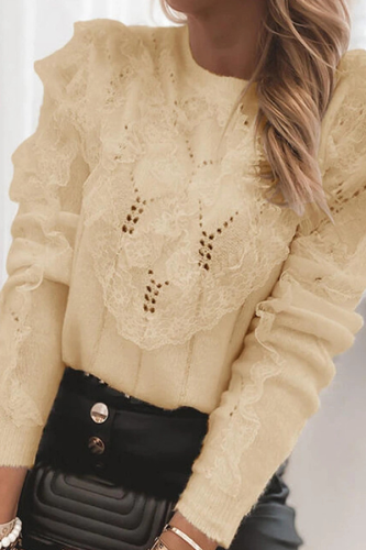 Casual Patchwork Lace Hollowed Out O Neck Tops Sweater