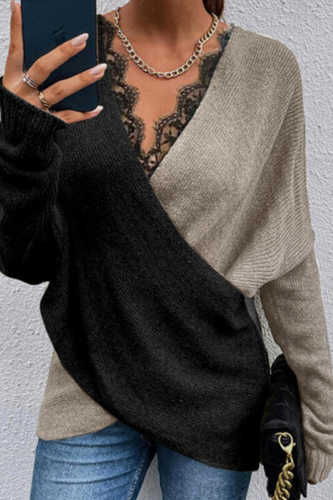 Casual Patchwork Lace Contrast V Neck Sweaters(3 Colors)