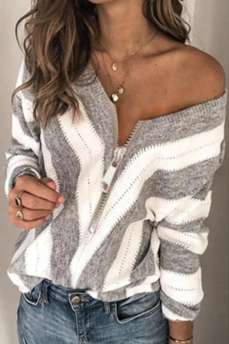 Casual Striped Contrast Zipper Collar Tops Sweater