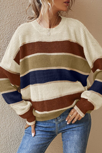 Fashion Striped Patchwork O Neck Sweaters(3 Colors)