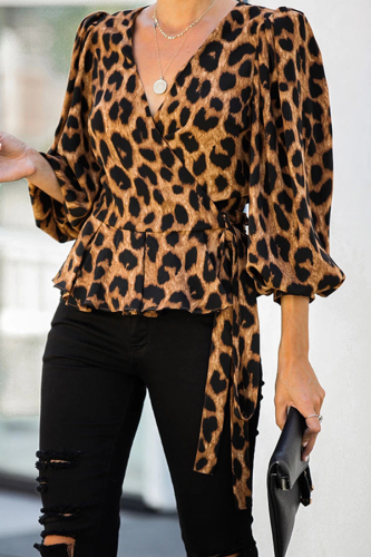 Fashion Elegant Leopard Flounce Strap Design V Neck Tops