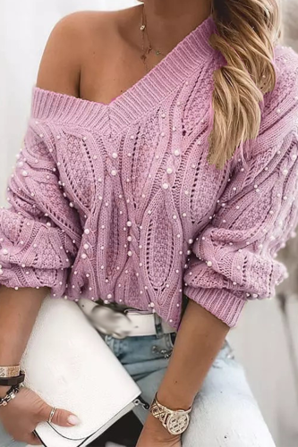 Casual Patchwork Beading V Neck Sweater(3 Colors)