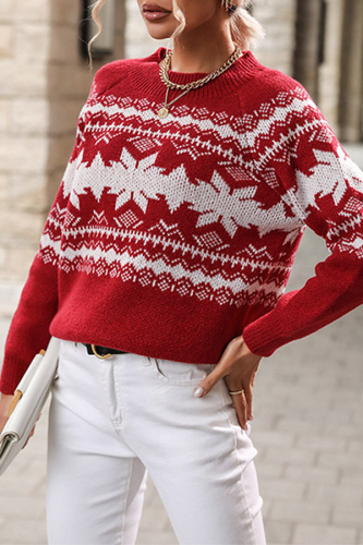Casual Snowflakes Contrast O Neck Tops Sweater
