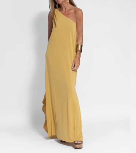 Elegant Solid Color One Shoulder Maxi Dress