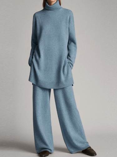 Women'S Fashionable Simple Casual Loose Turtleneck Top Pants Knitted Suit