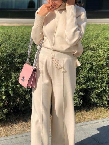 Casual High-neck Knitted Wide-leg Pants Two-piece Suits