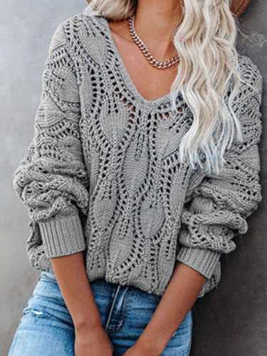 Elegant Hollow Out Pullover Autumn Office Casual Long Sleeve V-Neck Sweaters