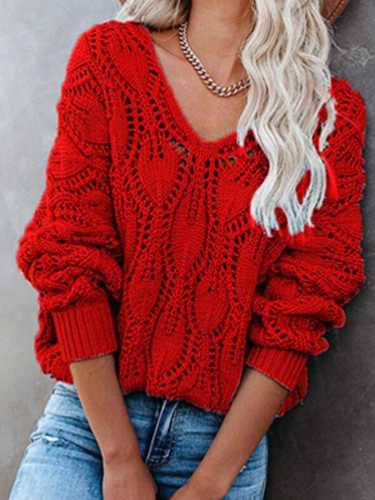 Elegant Hollow Out Pullover Autumn Office Casual Long Sleeve V-Neck Sweaters
