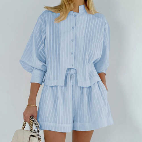 Cardigan Shorts Striped Suit Two-Piece Set