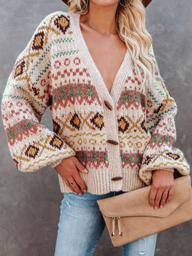 Vintage Boho Print V-neck Sweater