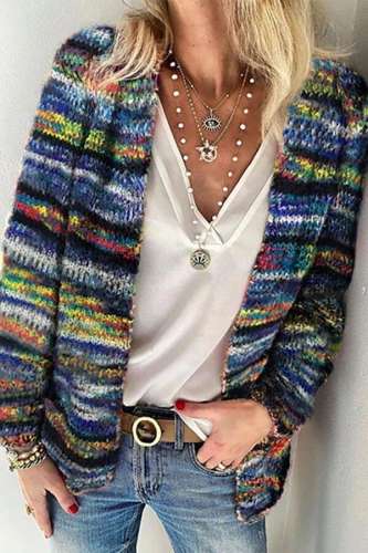Women's Colorful Striped Collarless Long Sleeve Mohair Cardigan