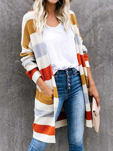Color Block Long Cardigan with Pockets