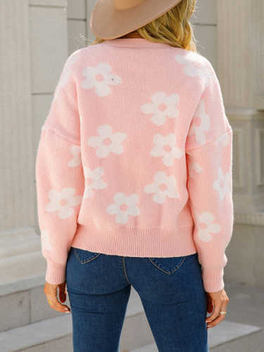 V-Neck Button Knit Floral Sweater