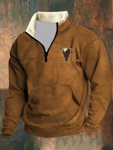 Men's Retro Western Print Zipper Collar Long Sleeve Sweatshirt