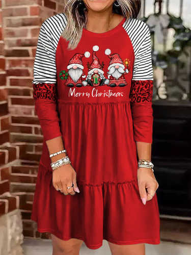 Merry Christmas Gnomes Print Long Sleeve Dress