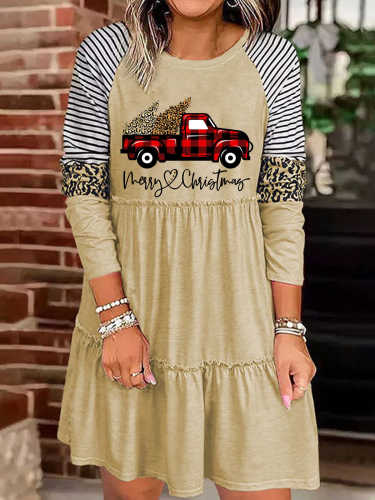 Merry Christmas Truck Print Long Sleeve Dress