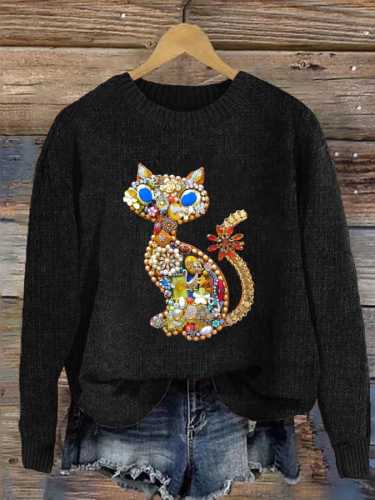 Women's Cute Jewelry Cat Print Casual Sweatshirt