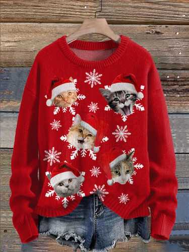 Funny Christmas Cat Art Print Knit Pullover Sweater