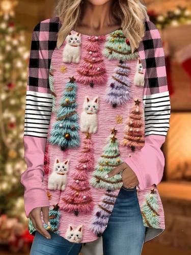 Women's Christmas Tree Cute Cat 3D Plaid Stitching Print Casual Top