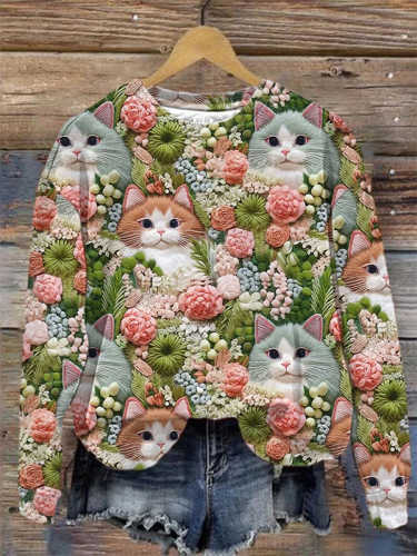 Cat Garden Flower Simulated Embroidery Art Print Casual  Sweatshirt