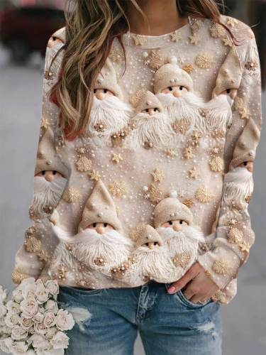 Women's Beige Winter Snow Christmas Gnomes Print Casual Sweatshirt