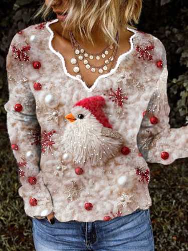 Women's Christmas Cute Little Bird Print Casual V-Neck Top