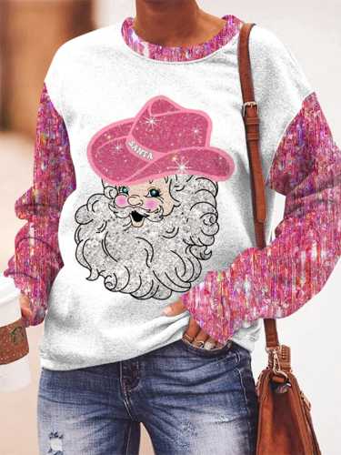 Women's Casual Contrast Color Santa Print Sweatshirt