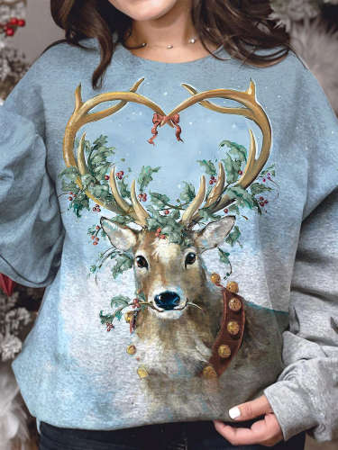 Women's Santa Reindeer Print Crew Neck Long Sleeve Top