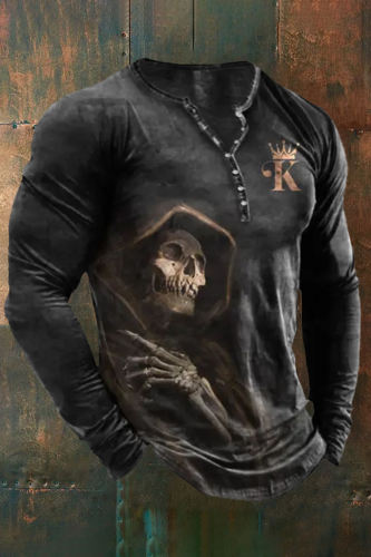 Men'S Death Skull Henley Collar T-Shirt